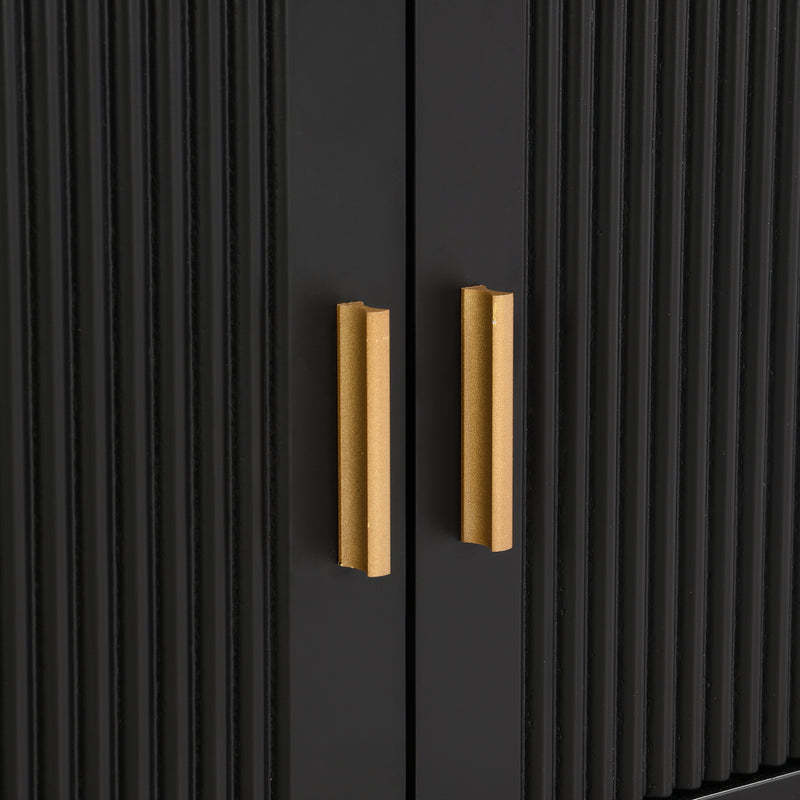 Meuble TV noir avec 4 tiroirs, 2 portes texturés et accents dorés TREGMAL BLACK