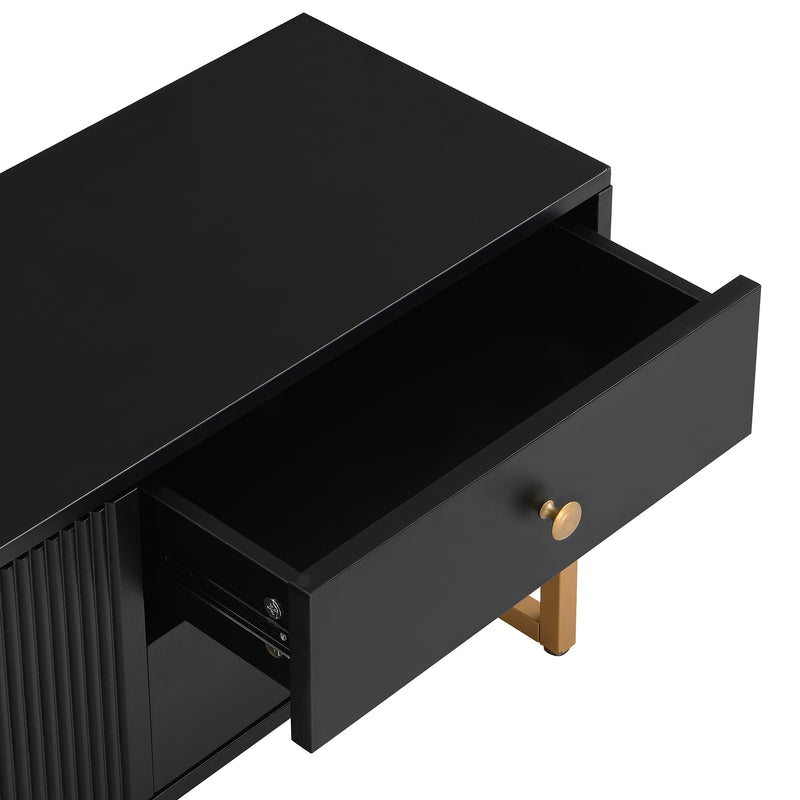 Meuble TV noir avec 4 tiroirs, 2 portes texturés et accents dorés TREGMAL BLACK