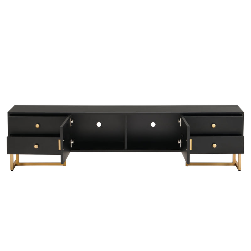 Meuble TV noir avec 4 tiroirs, 2 portes texturés et accents dorés TREGMAL BLACK
