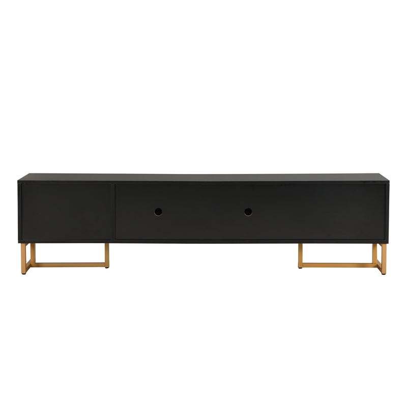 Meuble TV noir avec 4 tiroirs, 2 portes texturés et accents dorés TREGMAL BLACK