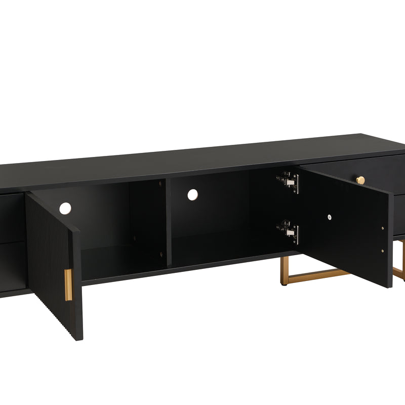 Meuble TV noir avec 4 tiroirs, 2 portes texturés et accents dorés TREGMAL BLACK