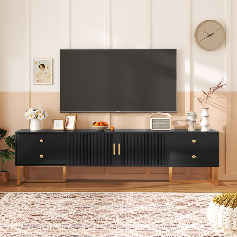 Meuble TV noir avec 4 tiroirs, 2 portes texturés et accents dorés TREGMAL BLACK
