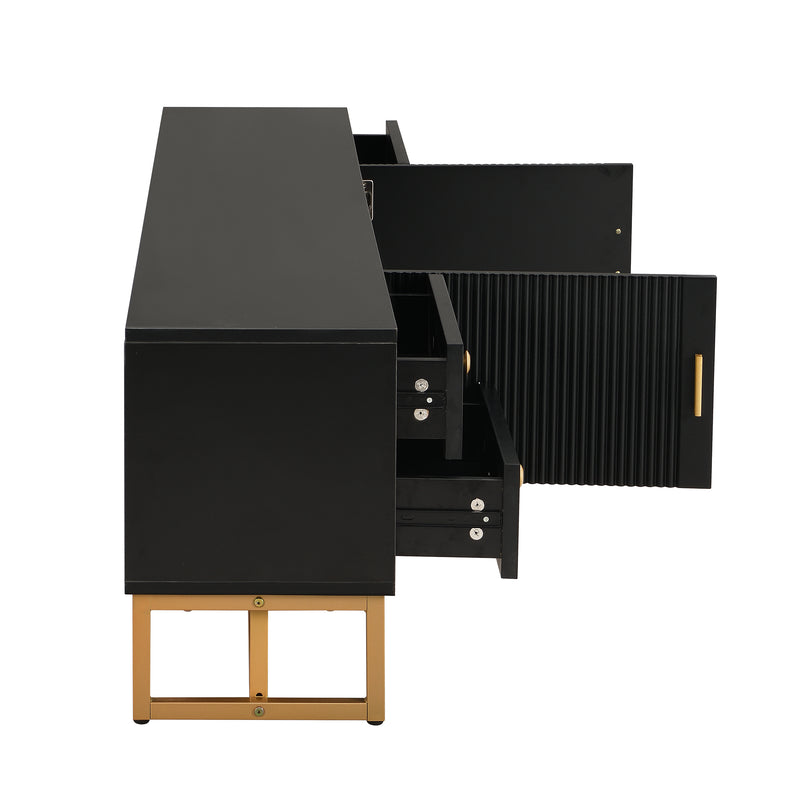 Meuble TV noir avec 4 tiroirs, 2 portes texturés et accents dorés TREGMAL BLACK