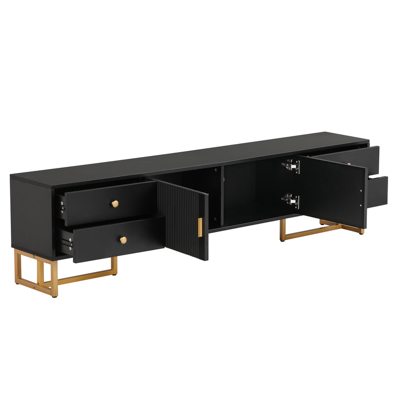 Meuble TV noir avec 4 tiroirs, 2 portes texturés et accents dorés TREGMAL BLACK