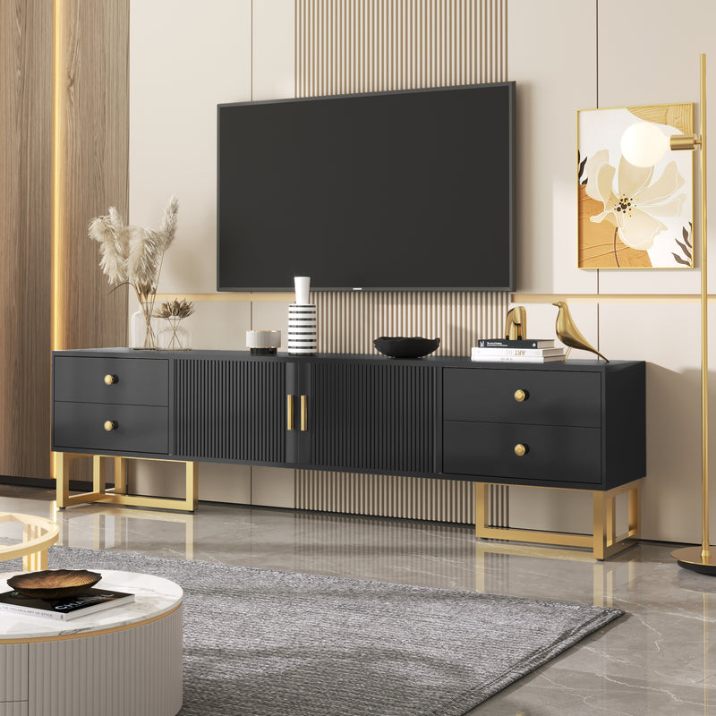 Meuble TV noir avec 4 tiroirs, 2 portes texturés et accents dorés TREGMAL BLACK