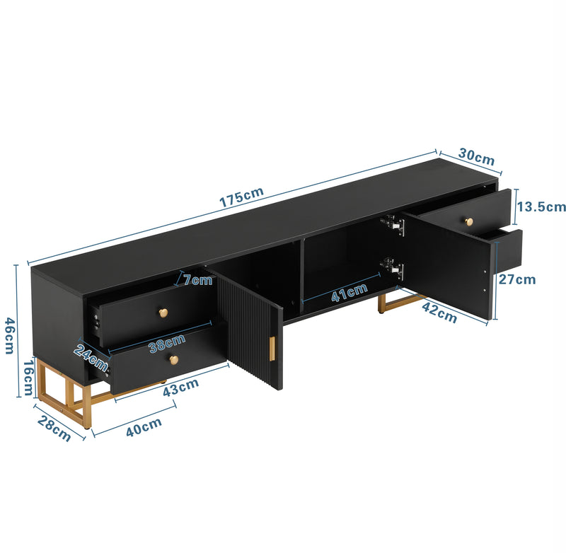 Meuble TV noir avec 4 tiroirs, 2 portes texturés et accents dorés TREGMAL BLACK