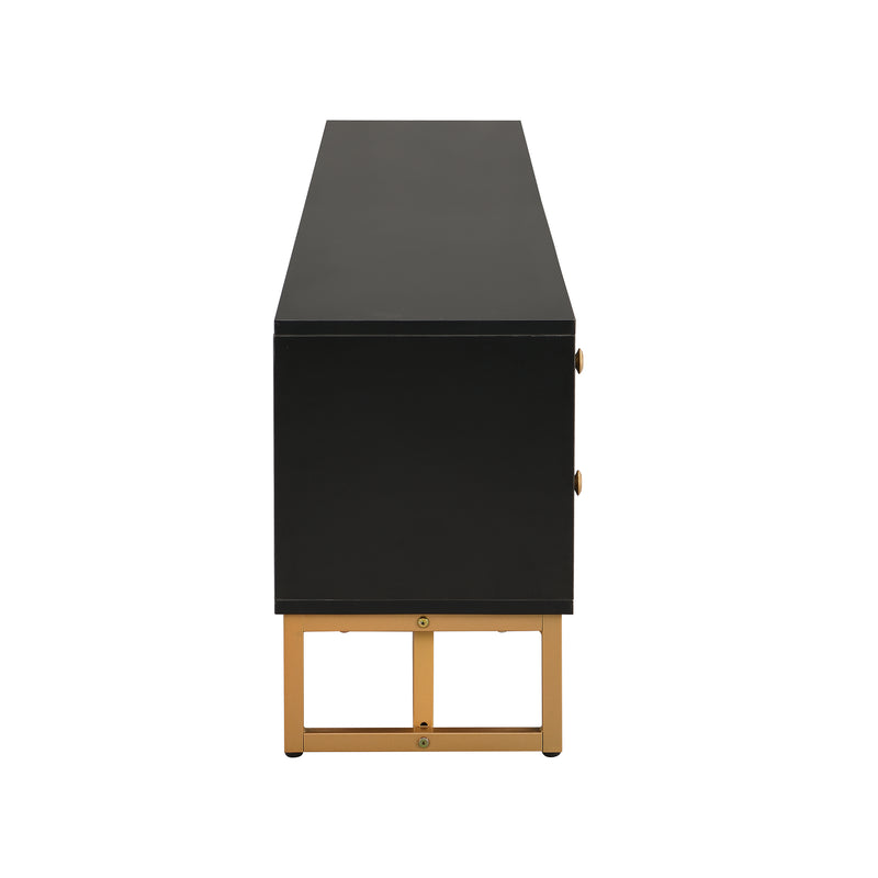 Meuble TV noir avec 4 tiroirs, 2 portes texturés et accents dorés TREGMAL BLACK