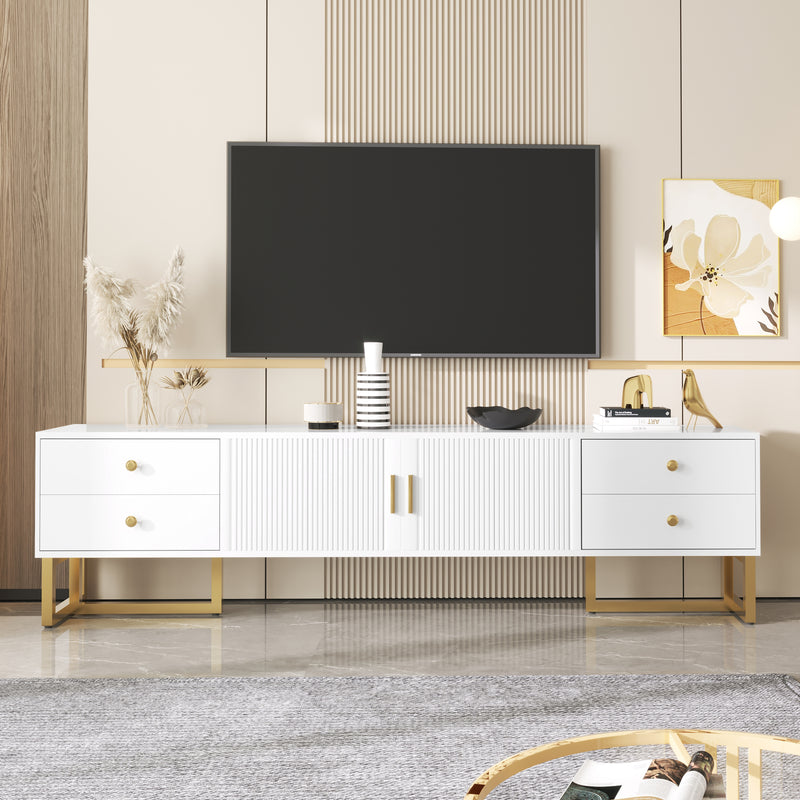 Meuble TV blanc avec 4 tiroirs, 2 portes texturés et accents dorés TREGMAL WHITE