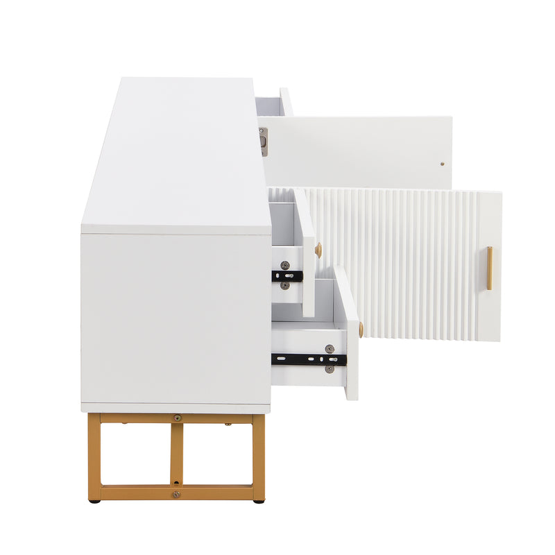 Meuble TV blanc avec 4 tiroirs, 2 portes texturés et accents dorés TREGMAL WHITE