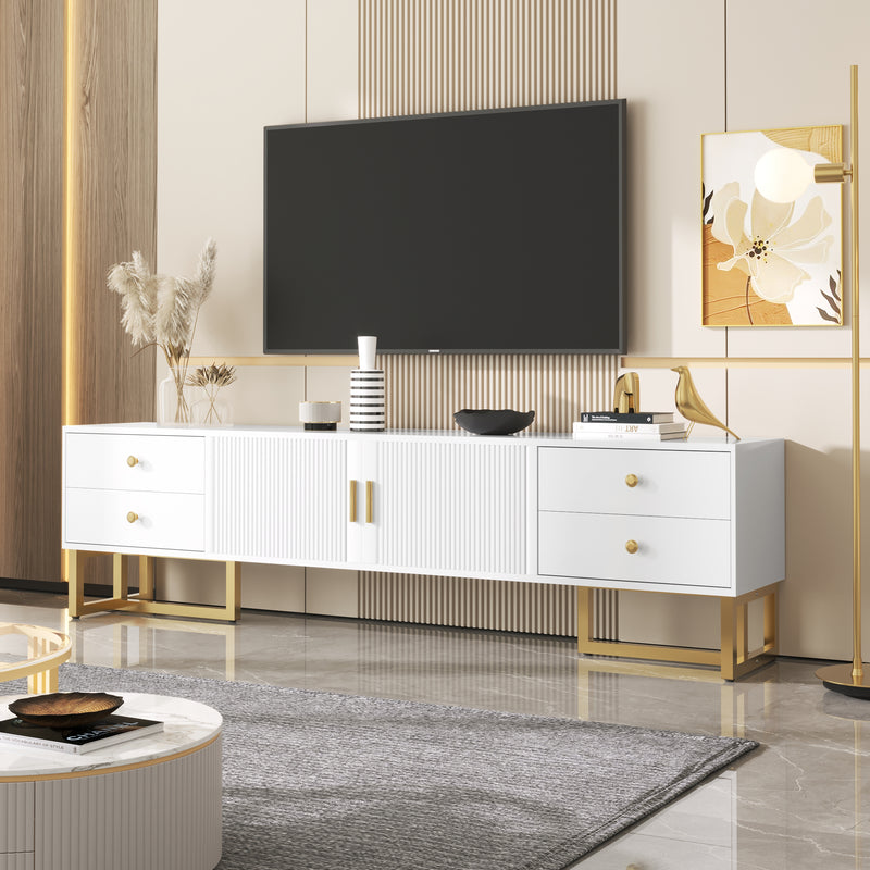 Meuble TV blanc avec 4 tiroirs, 2 portes texturés et accents dorés TREGMAL WHITE