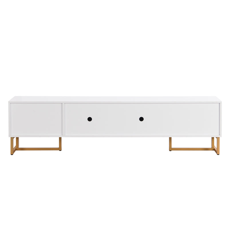 Meuble TV blanc avec 4 tiroirs, 2 portes texturés et accents dorés TREGMAL WHITE