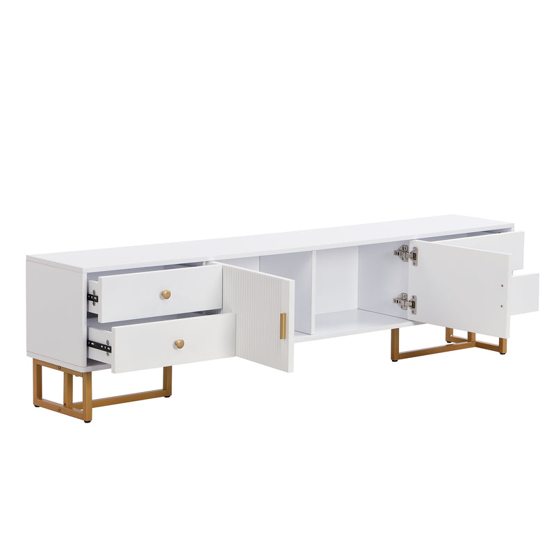 Meuble TV blanc avec 4 tiroirs, 2 portes texturés et accents dorés TREGMAL WHITE