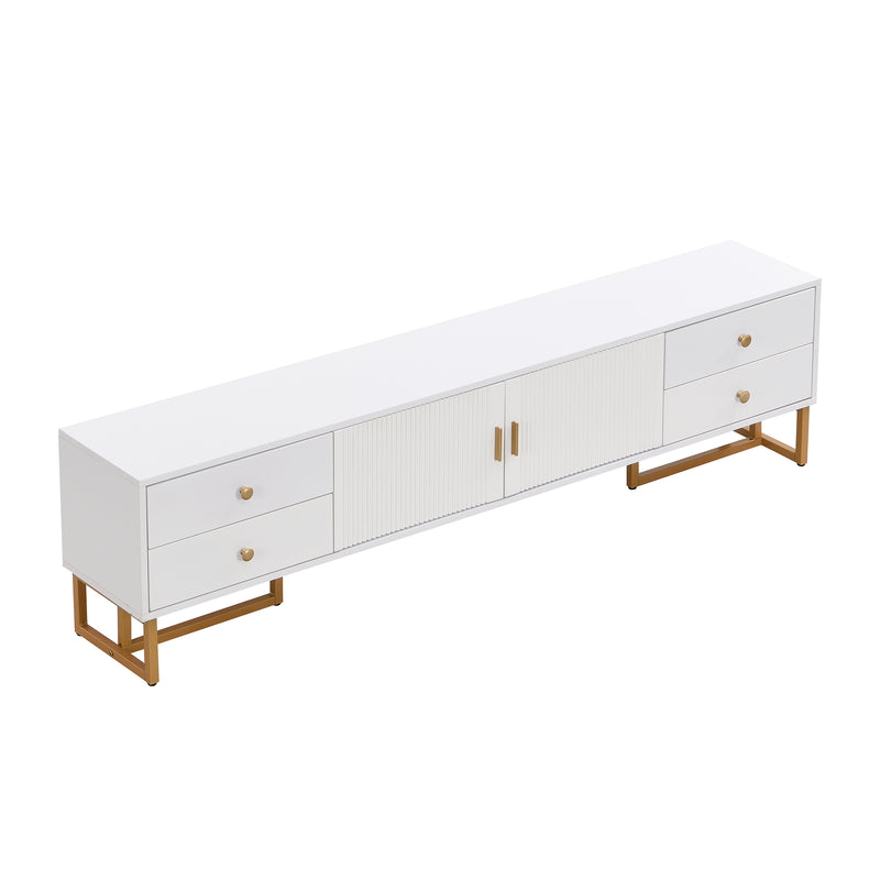 Meuble TV blanc avec 4 tiroirs, 2 portes texturés et accents dorés TREGMAL WHITE