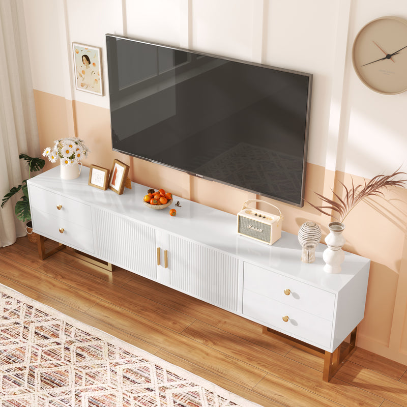 Meuble TV blanc avec 4 tiroirs, 2 portes texturés et accents dorés TREGMAL WHITE