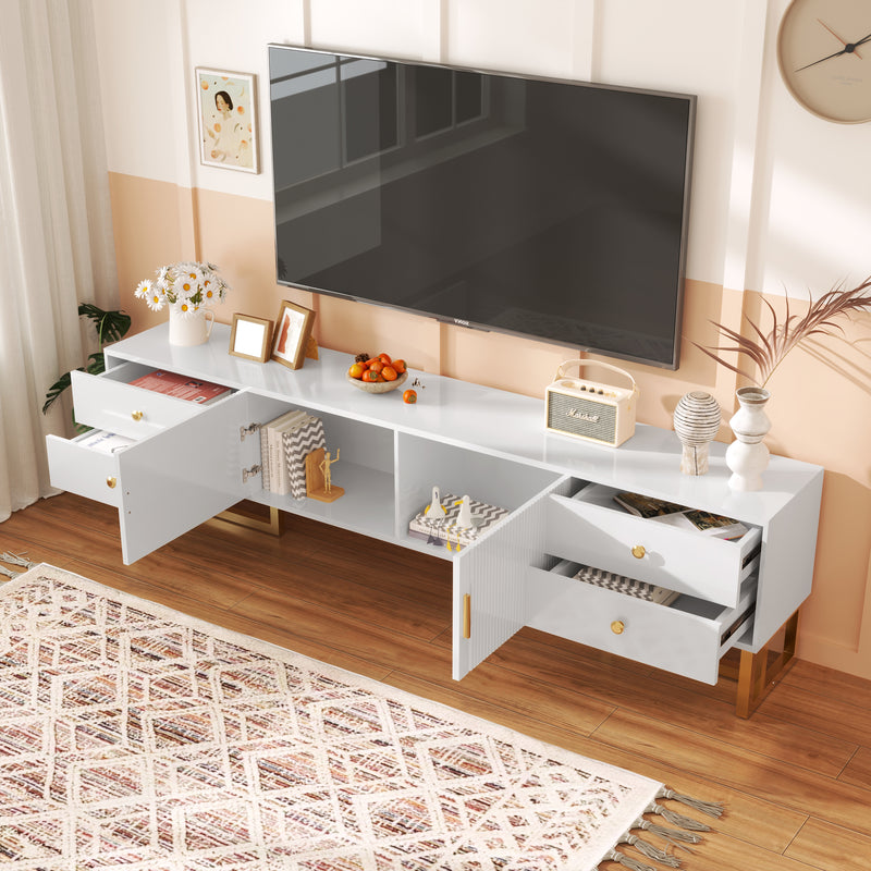 Meuble TV blanc avec 4 tiroirs, 2 portes texturés et accents dorés TREGMAL WHITE