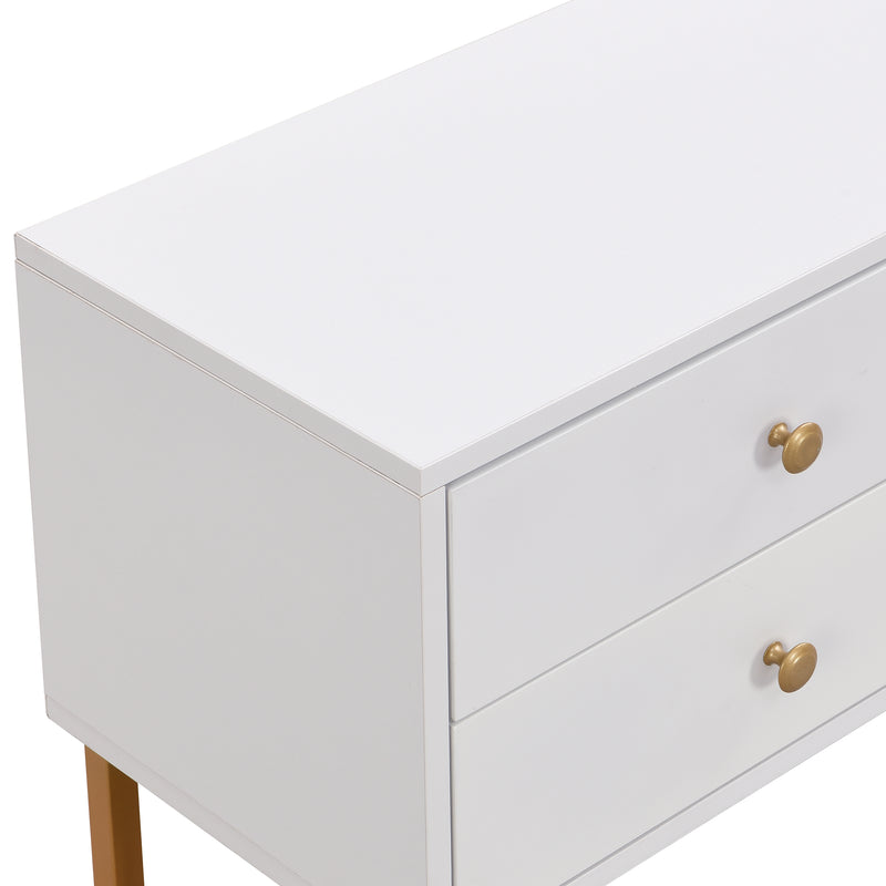 Meuble TV blanc avec 4 tiroirs, 2 portes texturés et accents dorés TREGMAL WHITE
