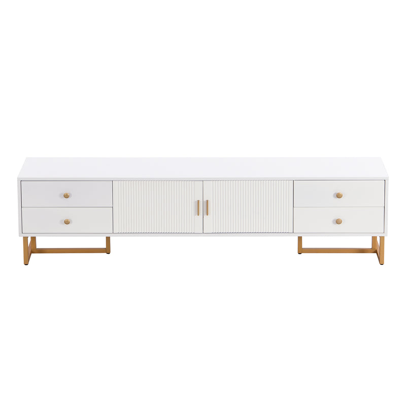 Meuble TV blanc avec 4 tiroirs, 2 portes texturés et accents dorés TREGMAL WHITE
