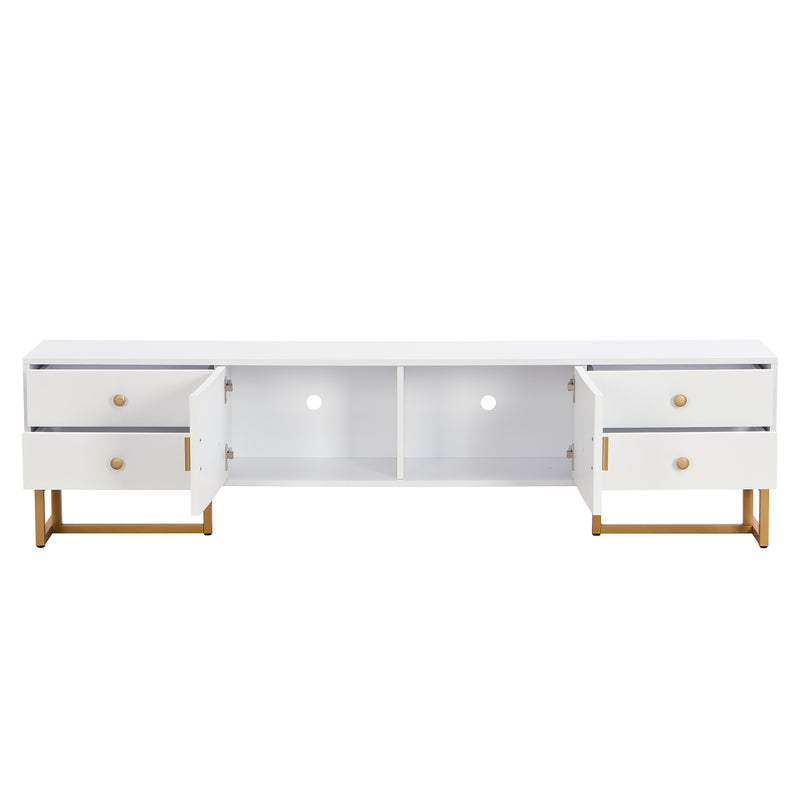 Meuble TV blanc avec 4 tiroirs, 2 portes texturés et accents dorés TREGMAL WHITE