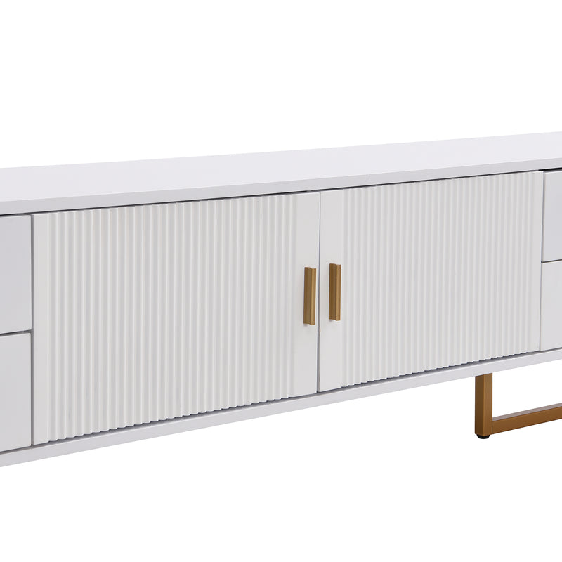 Meuble TV blanc avec 4 tiroirs, 2 portes texturés et accents dorés TREGMAL WHITE