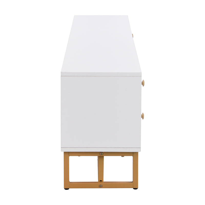 Meuble TV blanc avec 4 tiroirs, 2 portes texturés et accents dorés TREGMAL WHITE