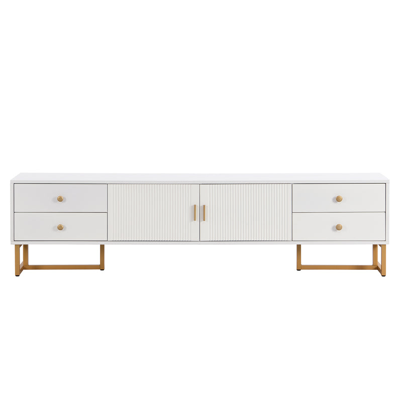 Meuble TV blanc avec 4 tiroirs, 2 portes texturés et accents dorés TREGMAL WHITE