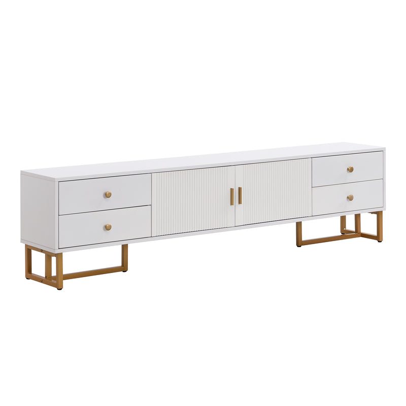 Meuble TV blanc avec 4 tiroirs, 2 portes texturés et accents dorés TREGMAL WHITE