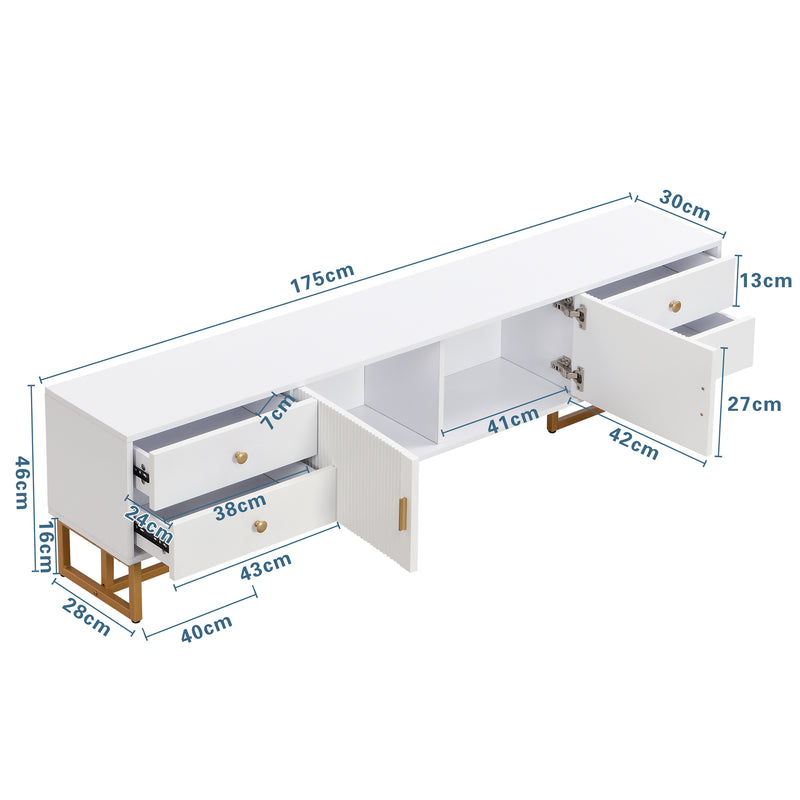 Meuble TV blanc avec 4 tiroirs, 2 portes texturés et accents dorés TREGMAL WHITE