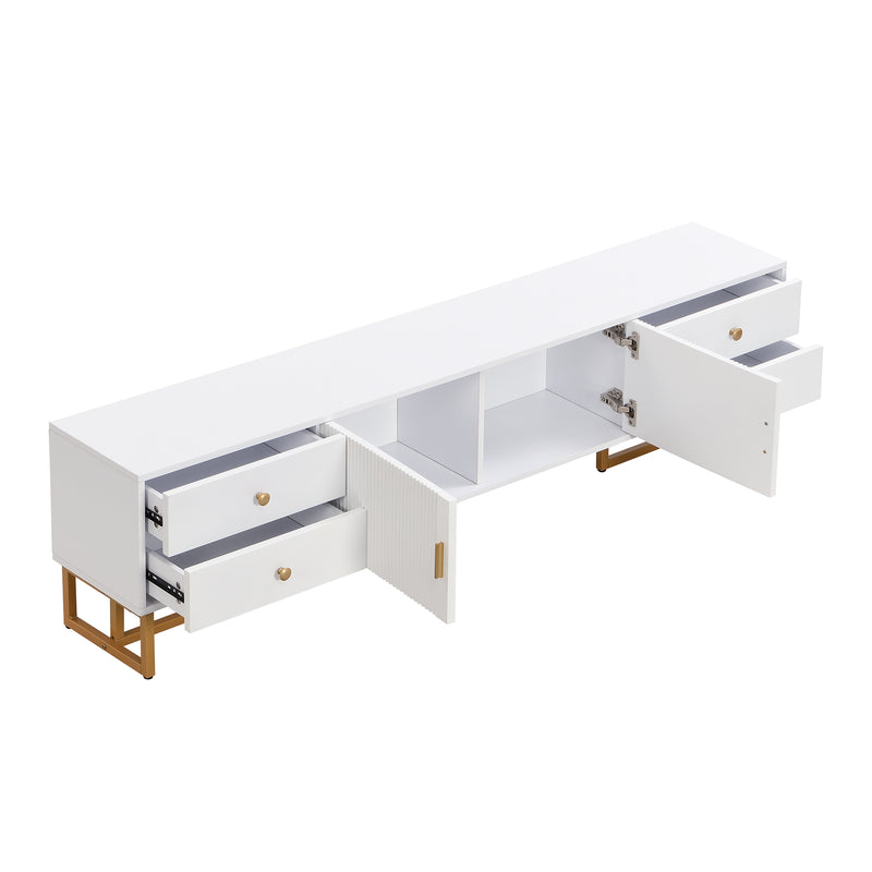 Meuble TV blanc avec 4 tiroirs, 2 portes texturés et accents dorés TREGMAL WHITE
