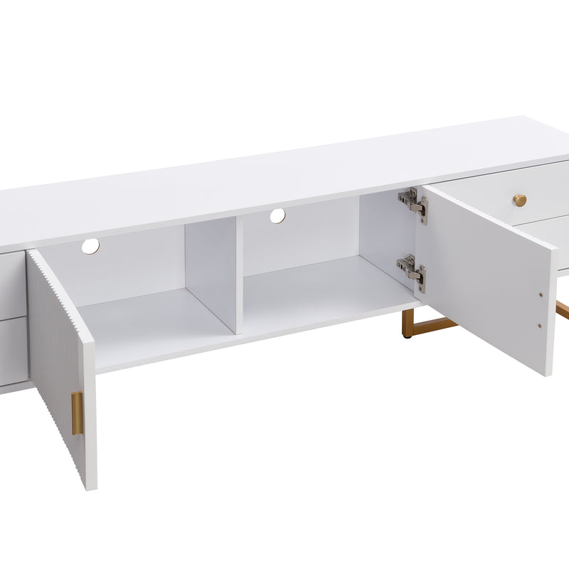 Meuble TV blanc avec 4 tiroirs, 2 portes texturés et accents dorés TREGMAL WHITE