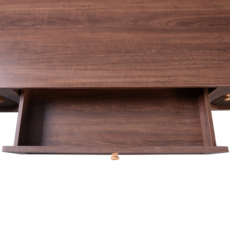 Meuble TV en effect bois noyer et rotin avec portes coulissantes - style rétro TRENCHSOUND