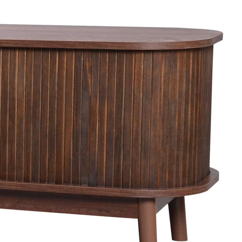 Meuble TV en effect bois noyer et rotin avec portes coulissantes - style rétro TRENCHSOUND