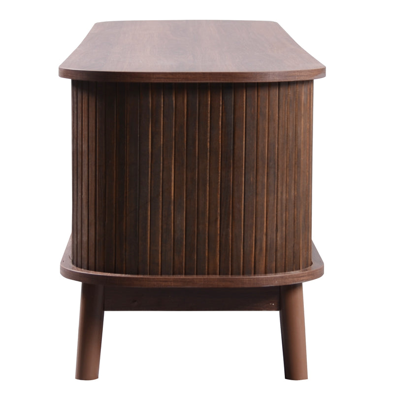 Meuble TV en effect bois noyer et rotin avec portes coulissantes - style rétro TRENCHSOUND