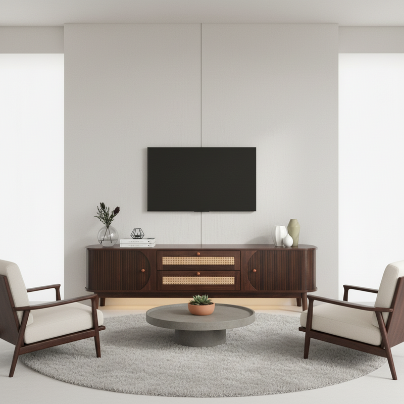 Meuble TV en effect bois noyer et rotin avec portes coulissantes - style rétro TRENCHSOUND