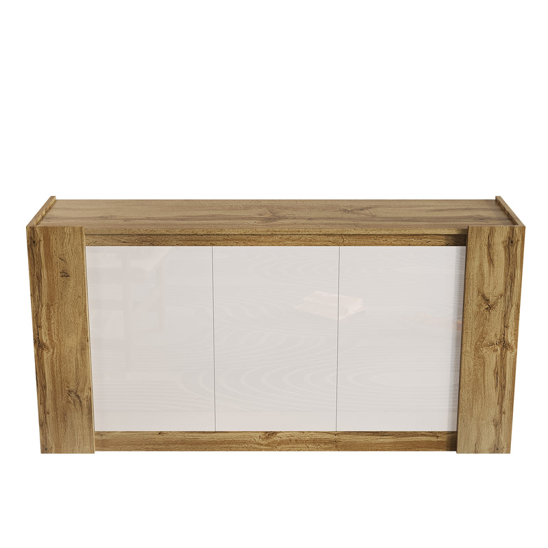 Buffet effet bois et blanc brillant 3 portes biseautées 150*40*70cm TRERQETS