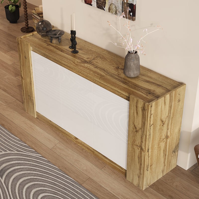 Buffet effet bois et blanc brillant 3 portes biseautées 150*40*70cm TRERQETS