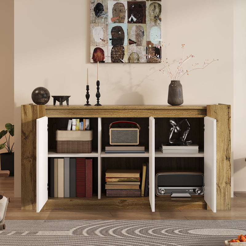 Buffet effet bois et blanc brillant 3 portes biseautées 150*40*70cm TRERQETS