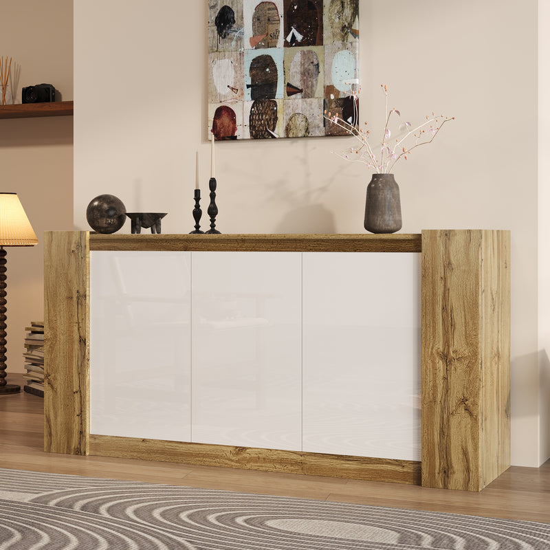 Buffet effet bois et blanc brillant 3 portes biseautées 150*40*70cm TRERQETS