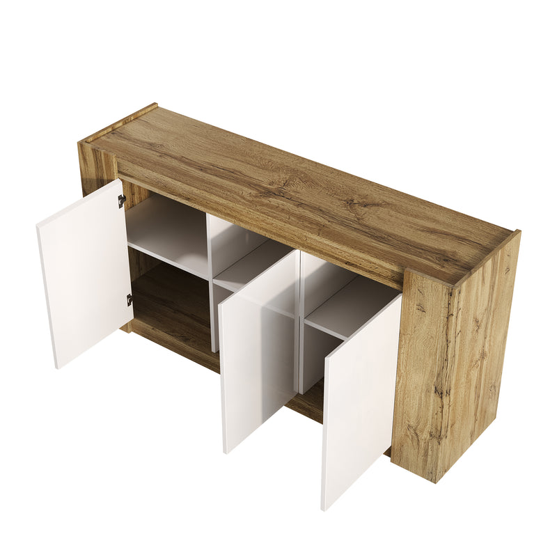 Buffet effet bois et blanc brillant 3 portes biseautées 150*40*70cm TRERQETS