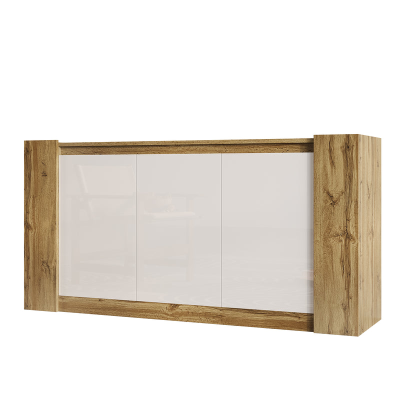 Buffet effet bois et blanc brillant 3 portes biseautées 150*40*70cm TRERQETS