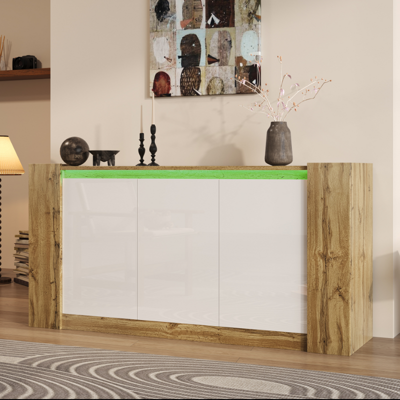 Buffet effet bois et blanc brillant 3 portes biseautées 150*40*70cm TRERQETS
