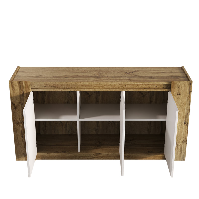 Buffet effet bois et blanc brillant 3 portes biseautées 150*40*70cm TRERQETS