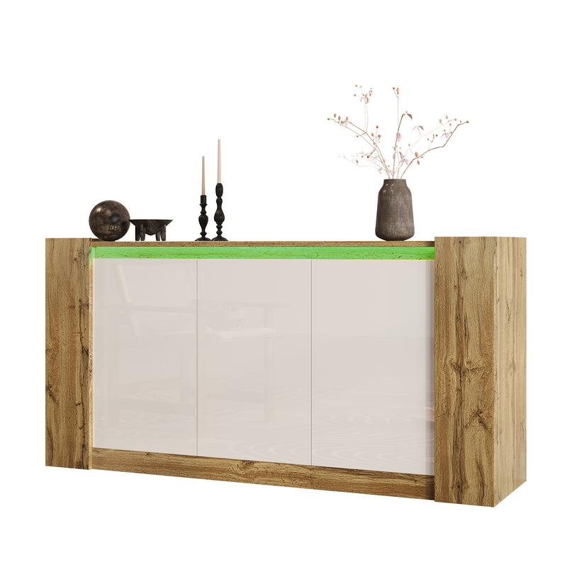 Buffet effet bois et blanc brillant 3 portes biseautées 150*40*70cm TRERQETS