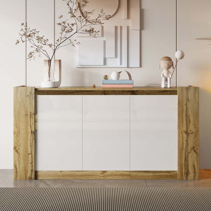 Buffet effet bois et blanc brillant 3 portes biseautées 150*40*70cm TRERQETS