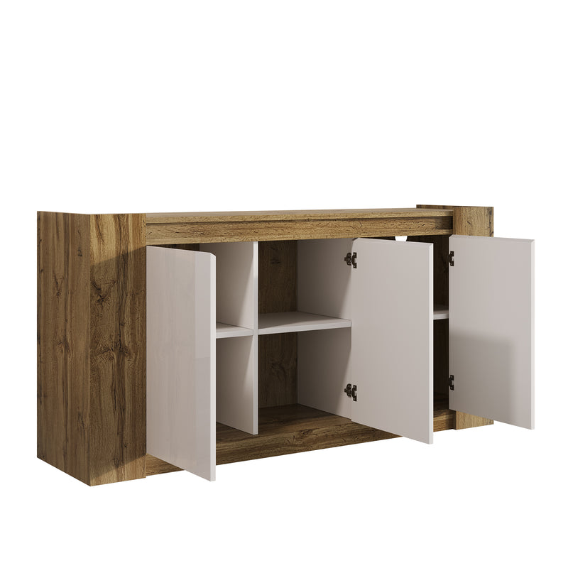 Buffet effet bois et blanc brillant 3 portes biseautées 150*40*70cm TRERQETS