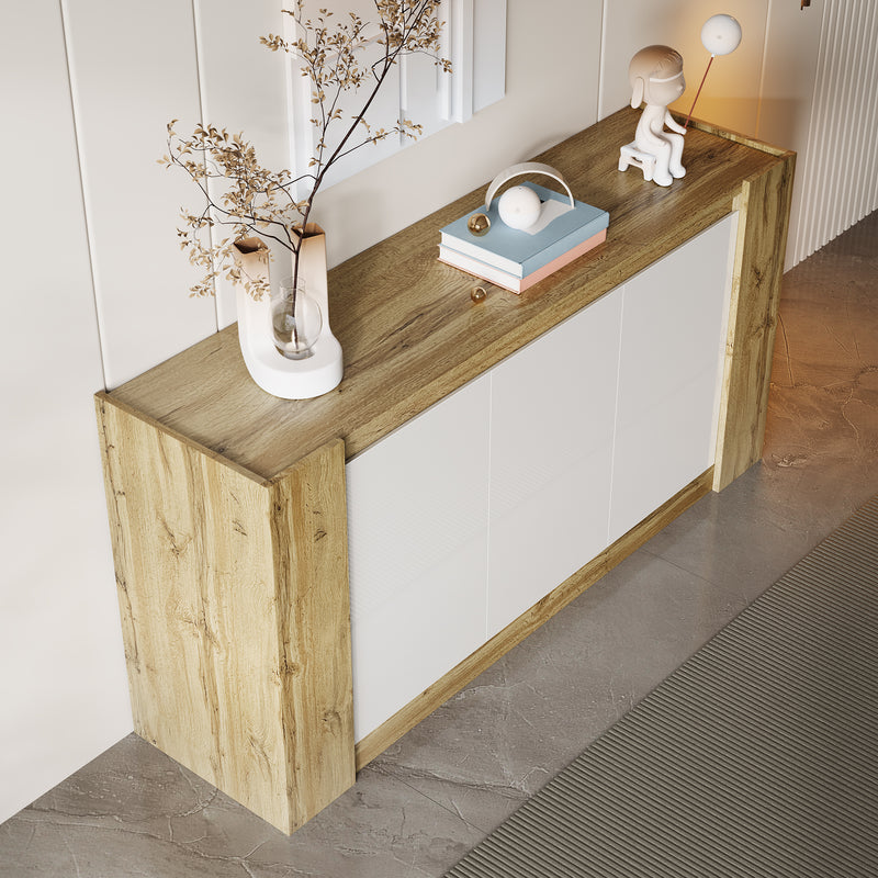 Buffet effet bois et blanc brillant 3 portes biseautées 150*40*70cm TRERQETS