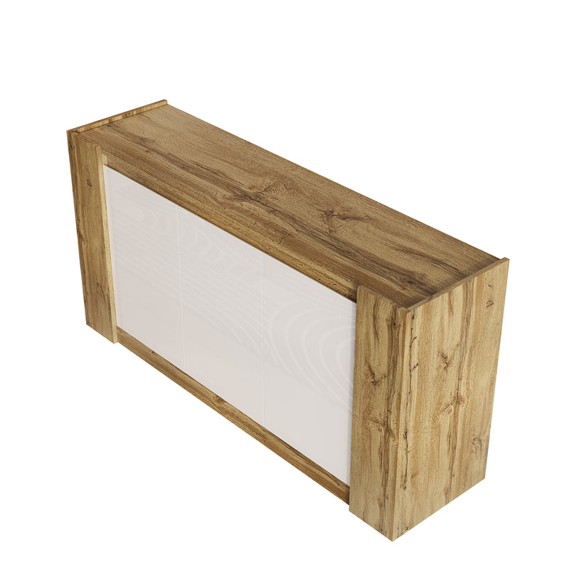 Buffet effet bois et blanc brillant 3 portes biseautées 150*40*70cm TRERQETS