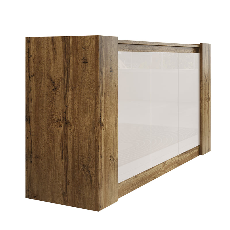 Buffet effet bois et blanc brillant 3 portes biseautées 150*40*70cm TRERQETS