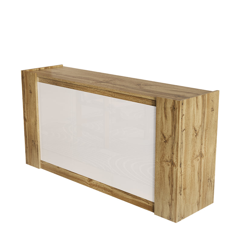 Buffet effet bois et blanc brillant 3 portes biseautées 150*40*70cm TRERQETS