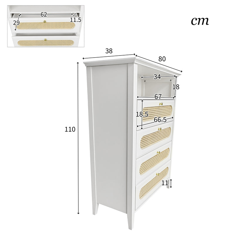 Buffet haut blanc laqué en rotin, pieds en bois TRILUNS