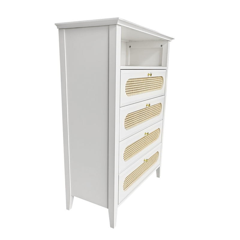 Buffet haut blanc laqué en rotin, pieds en bois TRILUNS